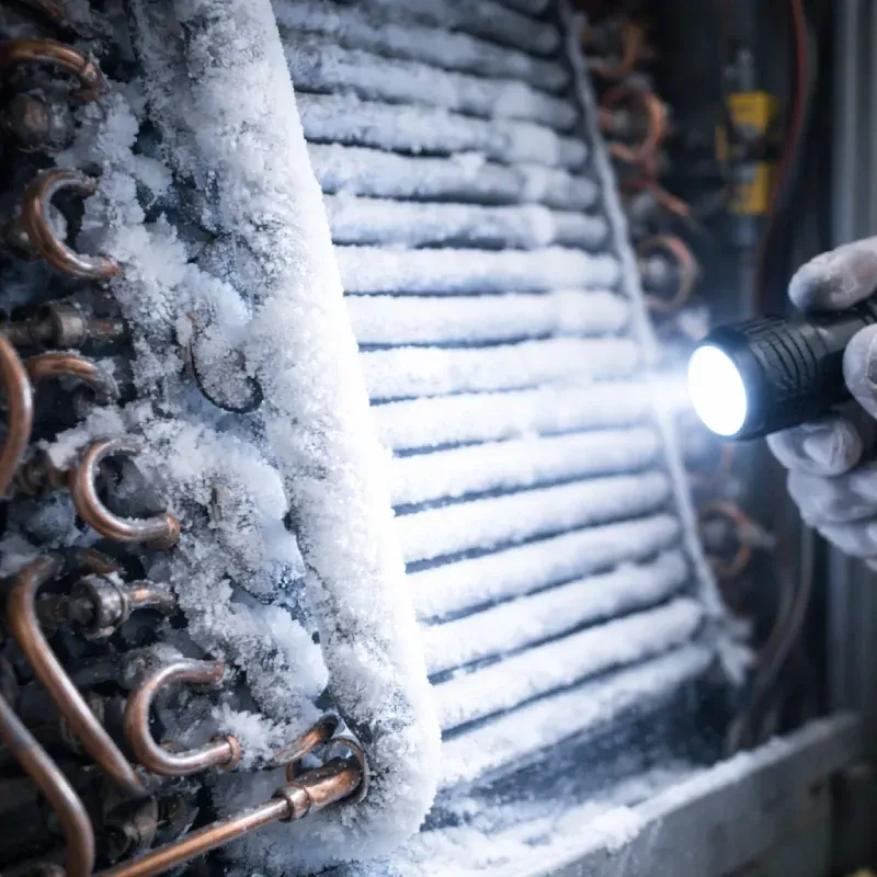 A close-up shot of internal AC evaporator coils that are completely covered in a thick layer of white frost and ice. A gloved hand holds a bright flashlight, shining a beam directly onto the frozen copper pipes and fins to inspect the buildup.