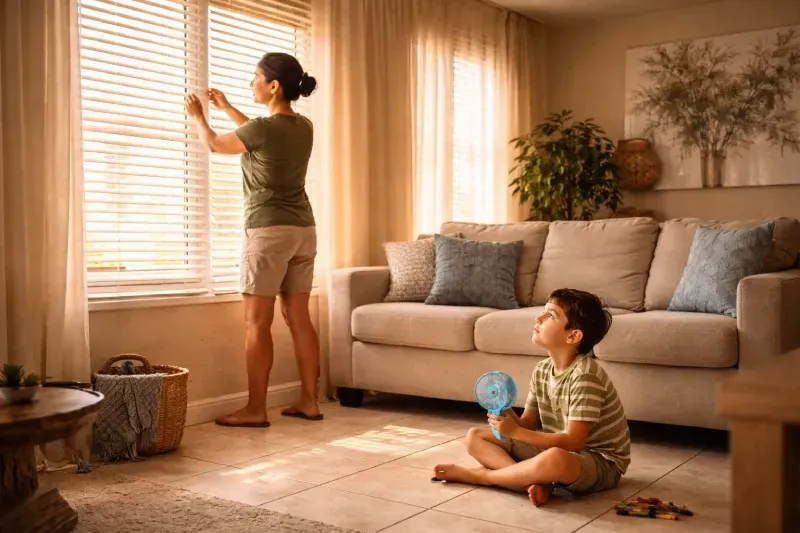 An indoor scene showing a woman in a green shirt standing by a window, adjusting the blinds to block out the sun. In the foreground, a young boy sits cross-legged on the tile floor, looking upward while holding a small blue handheld fan to stay cool.