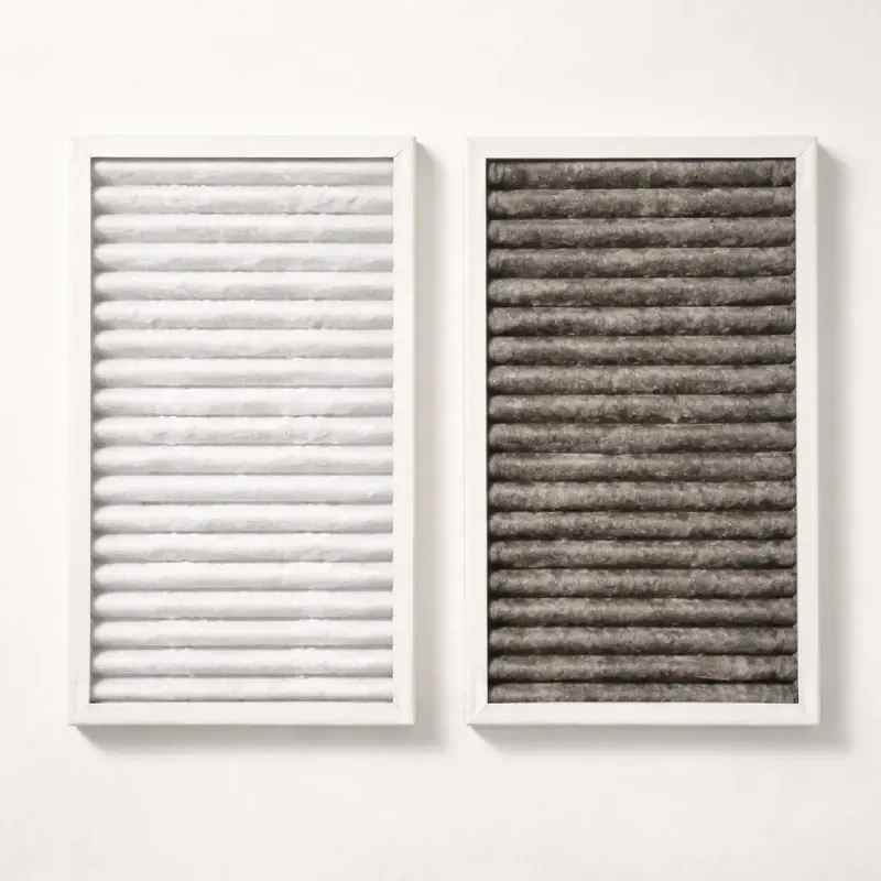 A direct, side-by-side comparison of two rectangular HVAC air filters against a plain white background. The filter on the left is clean and bright white, while the filter on the right is heavily clogged with dark gray dust and debris.