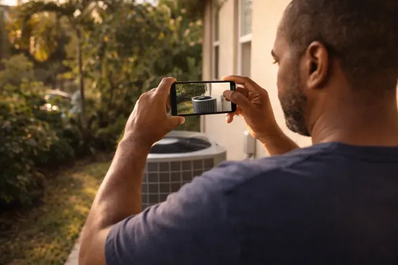 An over-the-shoulder view of a man holding a smartphone horizontally to take a photo of an outdoor AC condenser unit. The unit is located in a residential yard near the side of a house, surrounded by tropical foliage under warm, late-afternoon sunlight.