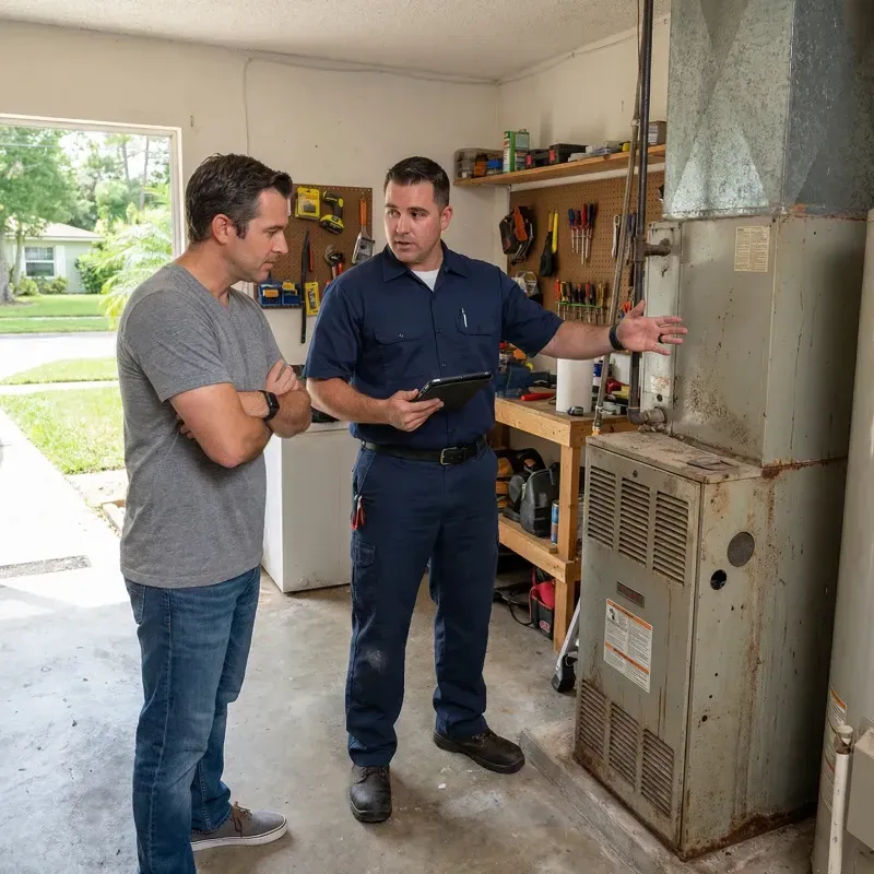 An HVAC technician stands in a garage, holding a tablet and gesturing toward an older, rusted furnace unit while talking to a homeowner. The homeowner stands with his arms crossed, listening intently as they discuss the furnace replacement.