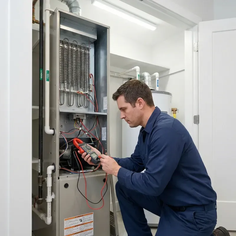 An HVAC professional in a blue uniform kneels in a brightly lit utility closet to repair an electric furnace. He is using a red digital clamp meter to check the wiring near the heating elements. A white water heater is visible in the background.