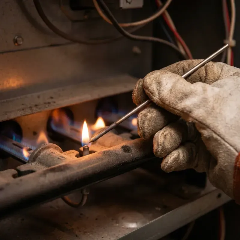 A close-up shot of a gas furnace repair in progress. A technician wearing a heavy-duty work glove uses a metal probe to inspect a glowing orange pilot light and blue burner flames inside the unit’s combustion chamber.