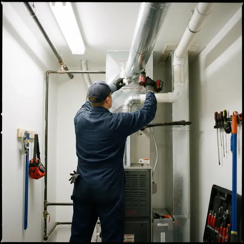 A technician in a navy jumpsuit and baseball cap stands with his back to the camera, installing a new furnace system. He uses a power drill to secure a round metal vent pipe to the main ductwork. Hand tools and a red tool bag are organized on the walls of the white utility room.