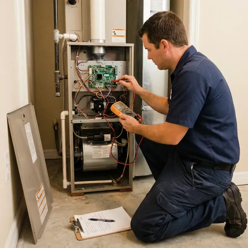 An HVAC technician in a dark blue uniform kneels on a concrete floor, performing a repair on an open furnace unit. He uses a yellow multimeter to test the electrical control board. A clipboard with notes lies on the floor beside him, and the furnace's front panel is leaned against the wall.