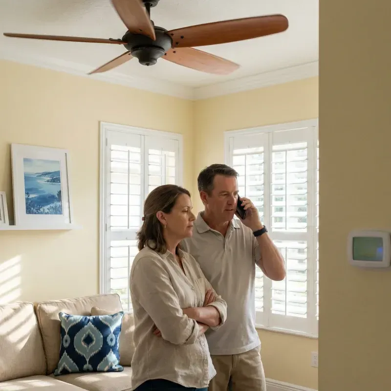 A man and a woman stand in a living room looking concerned as they stare at a digital thermostat mounted on the wall. The man is on a smartphone, appearing to make a service call, while the woman stands with her arms crossed. The background shows a comfortable home setting with a tan sofa, wooden ceiling fan, and white window shutters.
