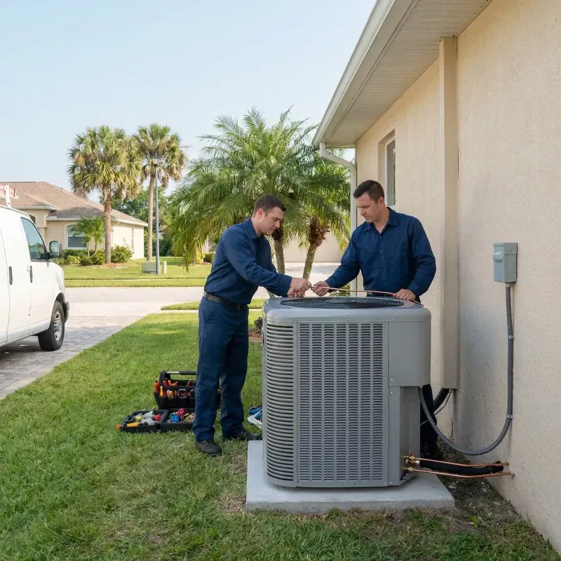 Two HVAC technicians in navy blue uniforms are working on a new grey outdoor air conditioning condenser unit. The unit is placed on a concrete pad next to a beige stucco house. One technician is adjusting copper refrigerant lines while the other assists. A white service van and a professional toolkit are visible in the driveway against a suburban background with palm trees.