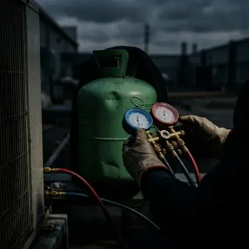 HVAC professional checking Freon levels and performing an AC refrigerant recharge on a residential cooling system.