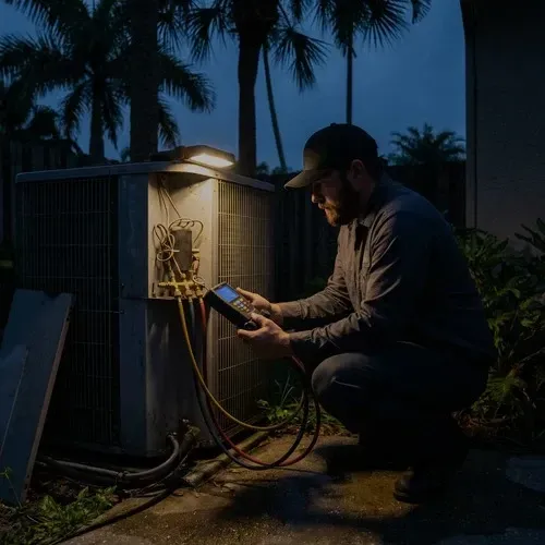 HVAC professional using manifold gauges during a comprehensive seasonal HVAC tune-up.