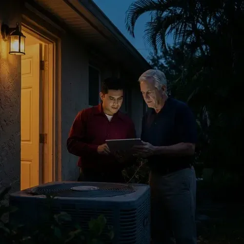 HVAC technician and homeowner reviewing a preventive maintenance plan agreement on a tablet.