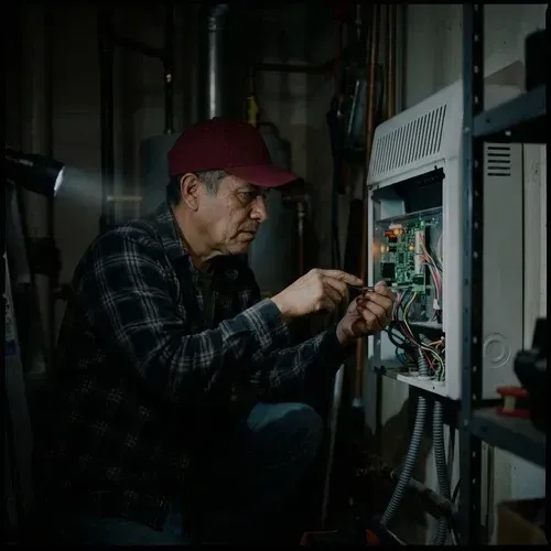 HVAC professional repairing the electrical control panel of a residential heating system.