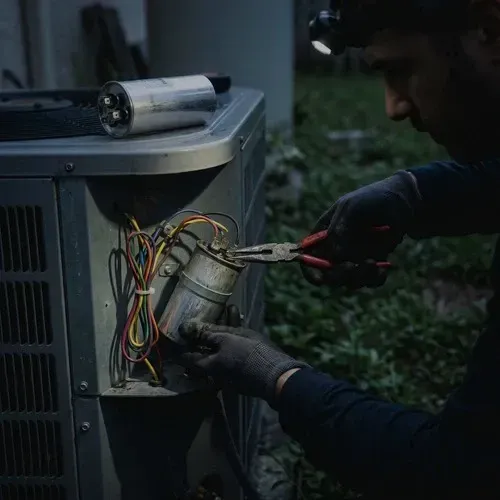Technician safely replacing a faulty dual-run capacitor in an outdoor AC condenser unit.