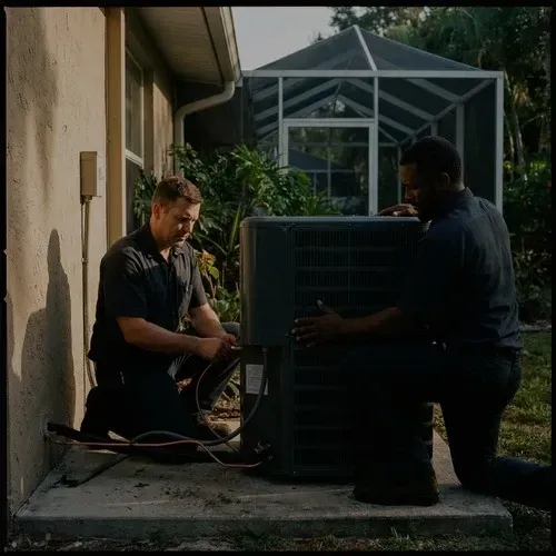 HVAC installation team replacing an old air conditioning unit with a new high-efficiency system.