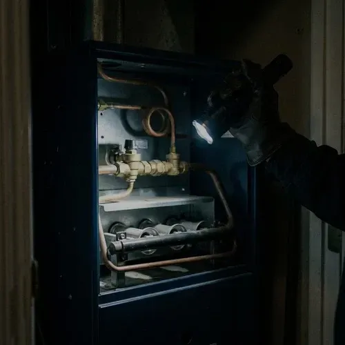 Close-up of a technician inspecting the brass gas valve and burners during a gas furnace repair.
