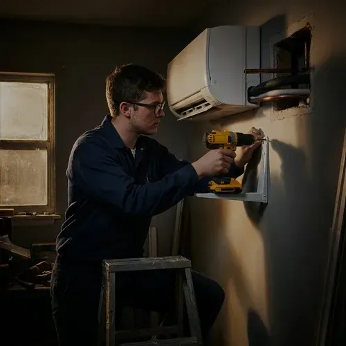 HVAC installer mounting the indoor bracket for a new ductless mini-split air conditioning system.