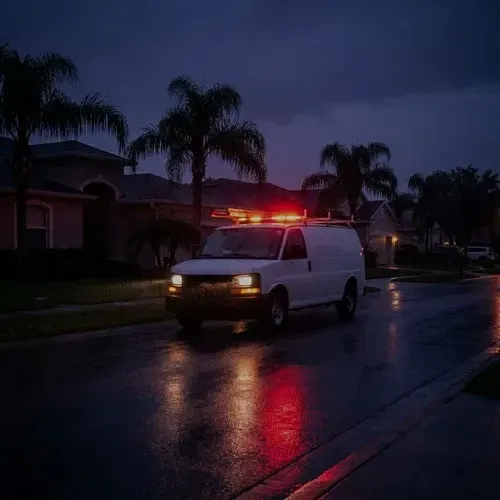 HVAC technician arriving in a service van for 24-hour emergency AC repair at a Florida home at night.