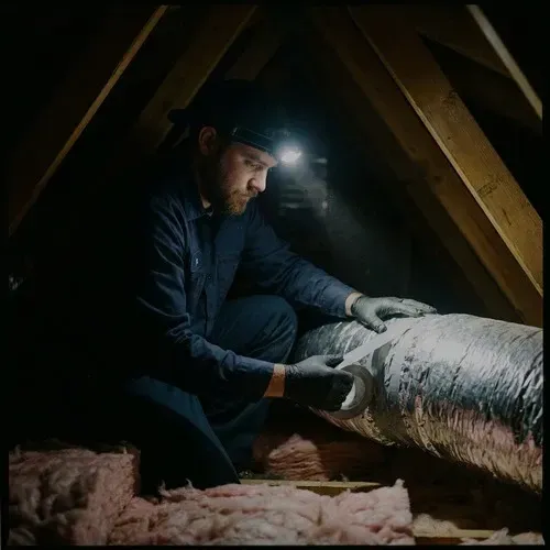 HVAC professional applying mastic sealant and metallic tape for duct sealing in a dark attic.