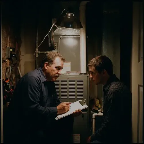 Two HVAC technicians reviewing a comprehensive system inspection checklist on a clipboard.