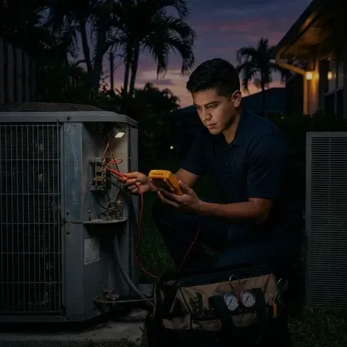 HVAC technician using a multimeter during a comprehensive AC tune-up and maintenance service.