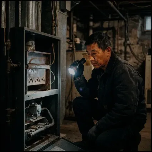 Technician inspecting the heat exchanger and burners during a gas furnace repair service.