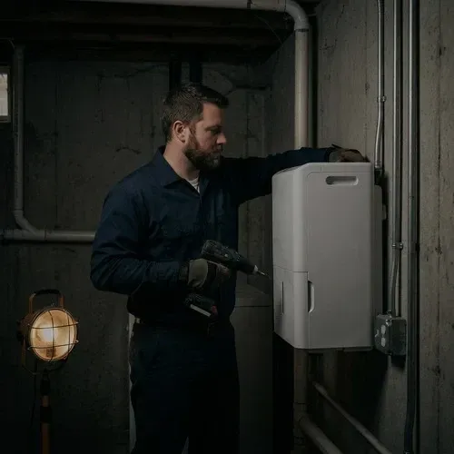Technician installing a whole-home dehumidifier system in a residential utility room.