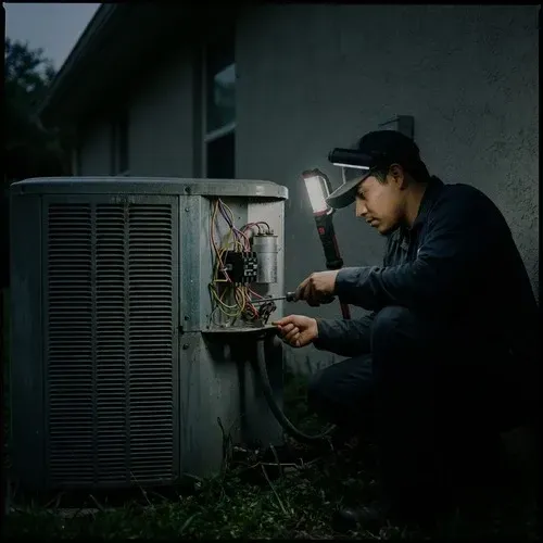 Experienced HVAC technician repairing the electrical components of an outdoor AC condenser unit.