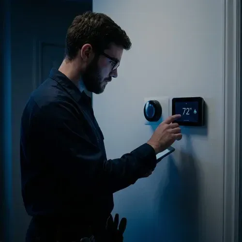Technician programming a newly installed smart thermostat to improve home energy efficiency.