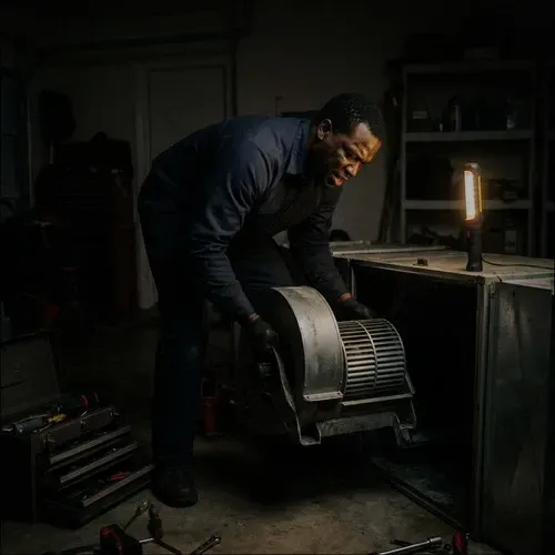 HVAC professional removing and repairing a heavy blower motor from a residential furnace system.
