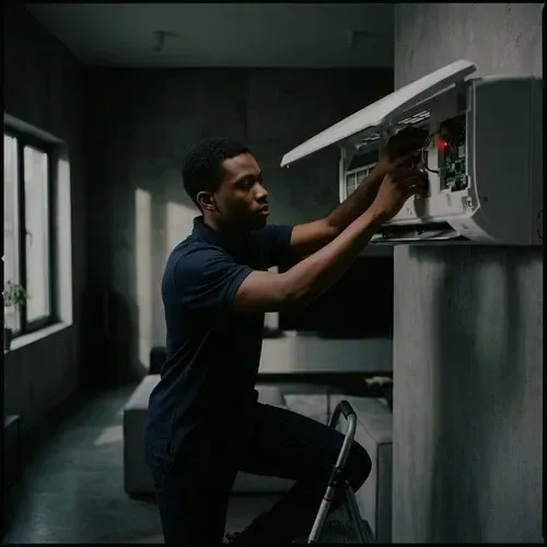 Technician repairing the indoor wall-mounted unit of a ductless mini-split AC system.