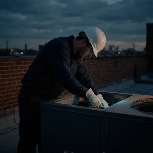 Technician performing routine commercial HVAC maintenance on a rooftop cooling system.