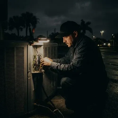Technician performing urgent emergency AC repair on an outdoor condenser unit at night.
