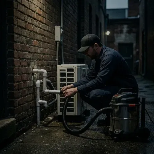 HVAC technician using a wet-dry vacuum for condensate drain line cleaning to prevent water leaks.