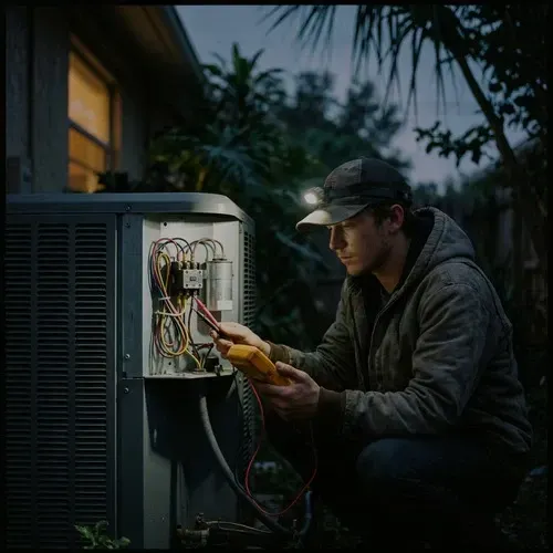 HVAC professional repairing the electrical control panel of a residential heating system.