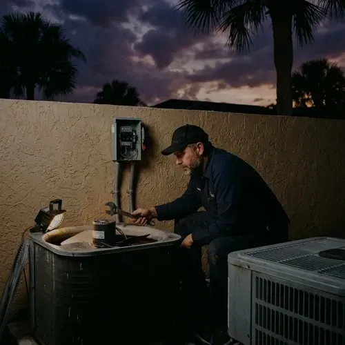 Professional repairing the fan motor assembly on an outdoor AC condenser unit.