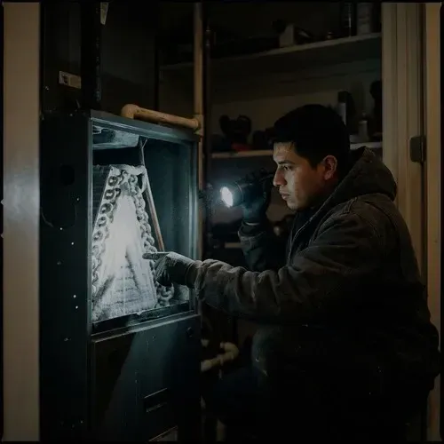 Technician using a flashlight to inspect a frozen evaporator coil inside an air handler.