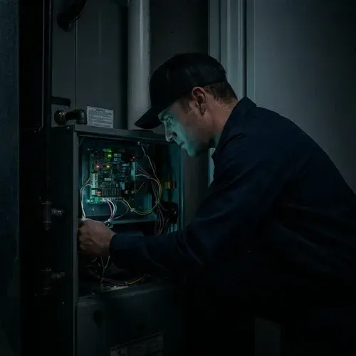 HVAC technician inspecting the glowing circuit board during an electric furnace repair.