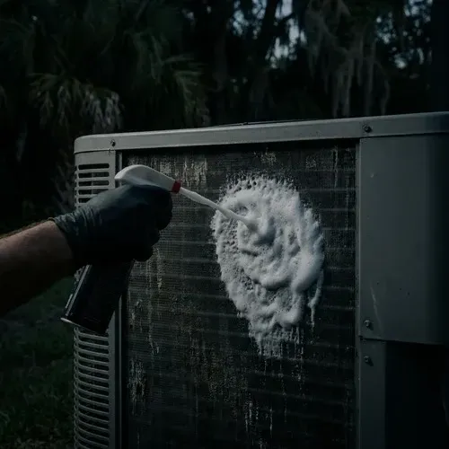 Professional HVAC technician performing AC coil cleaning on an outdoor condenser unit in Florida.