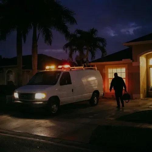 Emergency HVAC service van arriving at a home at night for urgent heating repair services.