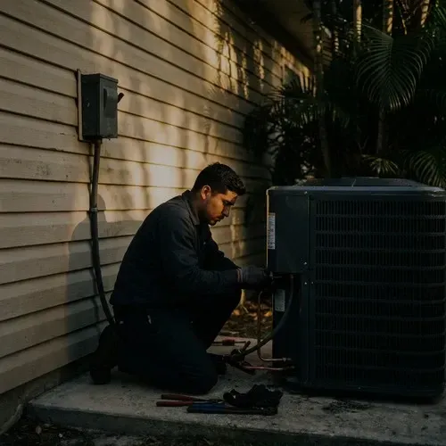 Two HVAC technicians installing a new energy-efficient central AC condenser unit outside a Florida home.