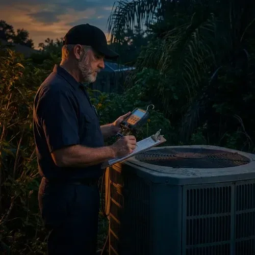HVAC professional documenting air conditioner maintenance results on a clipboard at dusk.