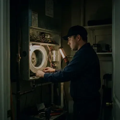 HVAC technician inspecting and repairing the blower motor inside a residential air handler unit.