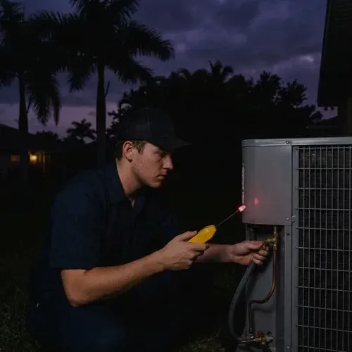 Technician using an electronic leak detector to find and repair an AC refrigerant leak.