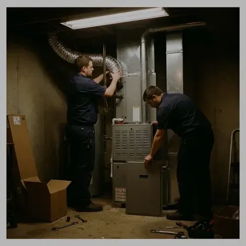 Two HVAC professionals working together on a complete residential furnace replacement.