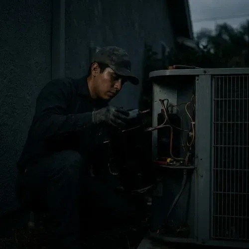 HVAC technician replacing a broken AC compressor in an outdoor residential cooling unit.