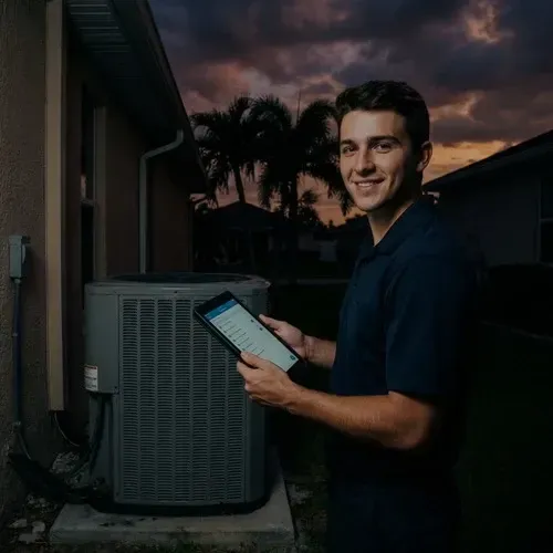 Smiling HVAC technician reviewing a pre-season AC checkup checklist on a digital tablet.