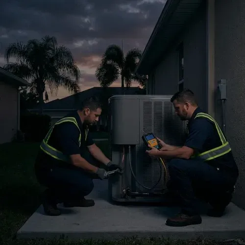 HVAC technicians installing a new energy-efficient heat pump system outside a Florida home.