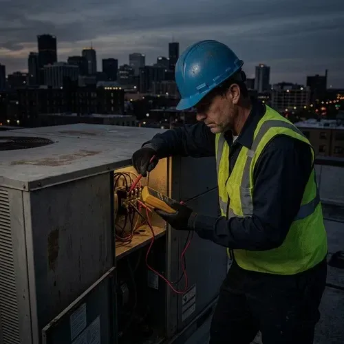 Commercial HVAC expert troubleshooting the electrical panel of a rooftop package unit.