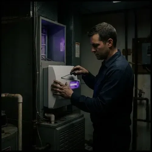 Technician installing a whole-home UV air purifier system inside an HVAC air handler.