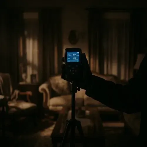 Digital air quality monitor on a tripod being used for professional indoor air quality testing.