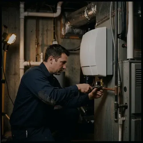 Technician installing a whole-house bypass humidifier onto a residential furnace system.